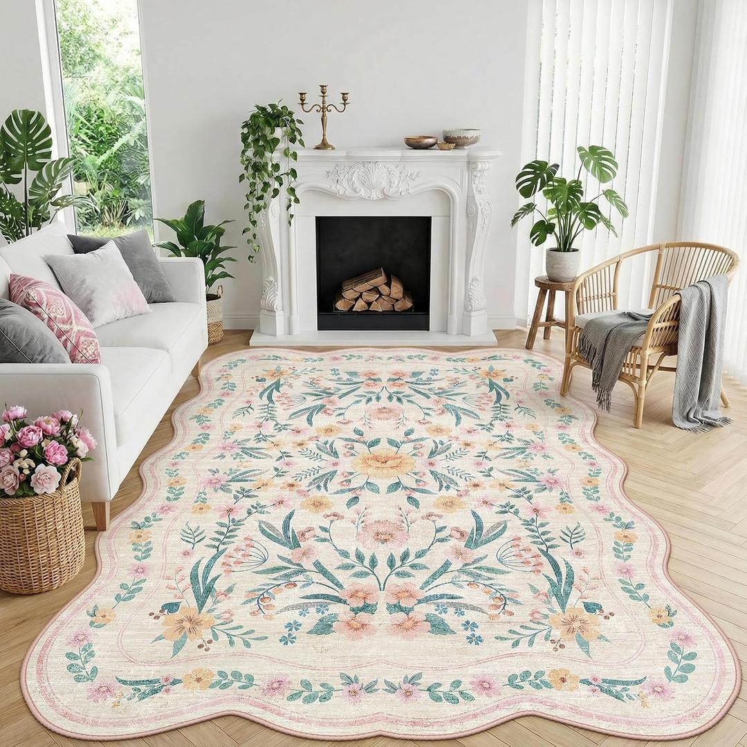 7x9 Pink Rug for Living Room, Scalloped Floral Rug for Girls Dorm, Washable Rugs Soft Low Pile Non Slip Rugs for Nursery College Bedroom Decor Kids Room Playroom