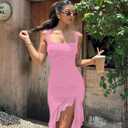 BORIFLORS Women's Sexy Ruched Bodycon Midi Dresses Square Neck Sleeveless Ruffle Hem Club Party Tank Dress (Pink, S)
