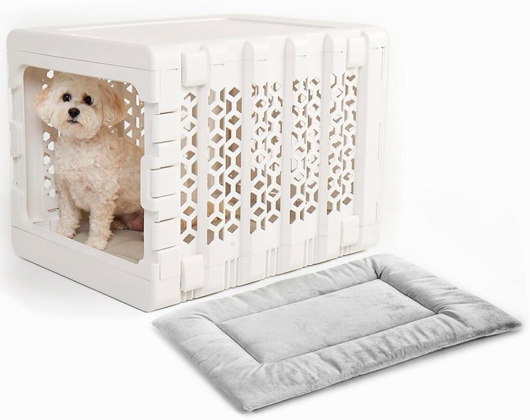KindTail PAWD Collapsible Dog Crate with Washable Bed, for Pets Between 15 and 25 lbs, Such as French Bulldog, Maltese, Pomeranian, Portable Indoor Kennel, 26 L x 20 W x 21 H, 14 LB, Medium White