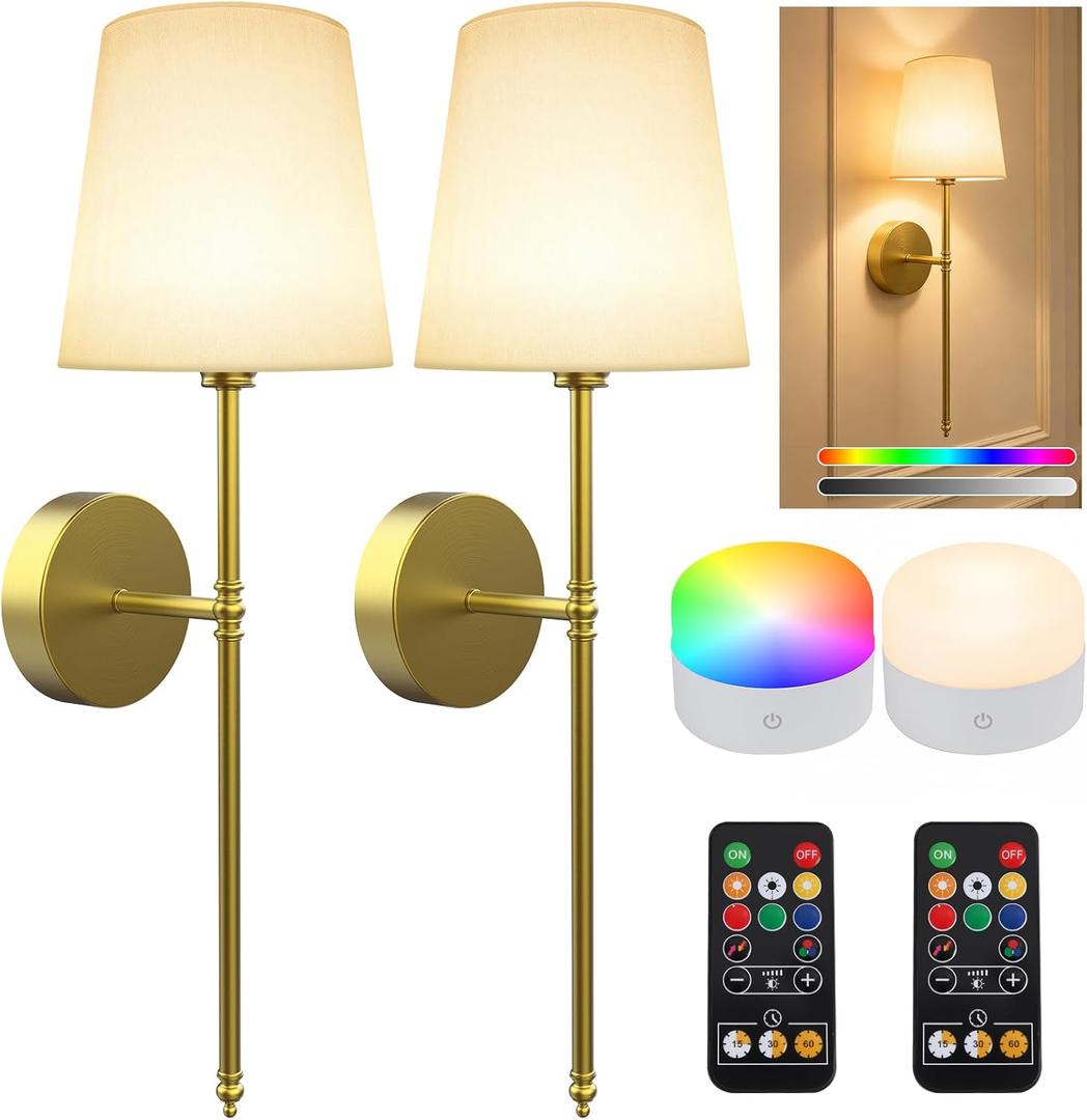 Wall Sconces Set of Two, Battery Operated Rechargeable Wireless Sconces Wall Decor with Remote, RGB Dimmable Wall Lamp for Bedroom Living Room Hallway (Gold)