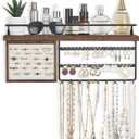 Mkono Hanging Jewelry Organizer Wall Mounted Jewelry Organizer Necklace Holder with Rustic Wood Shelf, Ring Display Box, Ear Studs Earring Holder Bracelet Organizer