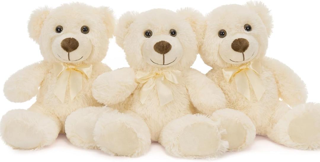 MaoGoLan 3 Pieces Bulk Soft Beige Stuffed Animals, 13.5" Cuddly Mini Teddy Bears for Baby Shower, Wedding, Party, Engagement (White)