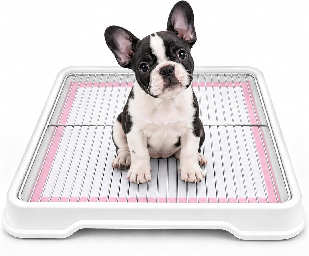 Dog Litter Box, Indoor Puppy Potty Tray with Stainless Steel Grate, White