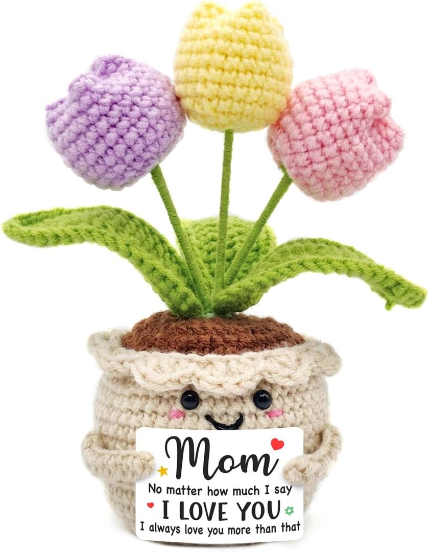 Tiny Detalles Mini Crochet Tulip Flower, Birthday Gifts for Mom from Daughter Son, Valentine Mothers Day for Bonus Mom Step Mama, Cute Flower Crochet for Desk Decor