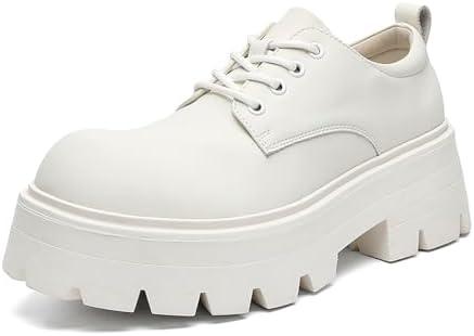 Men's Leather Platform Oxfords - Classic Round Toe Lace Up Dress Shoes -Comfort Non-Slip Lug Sole Chunky Heel Heightening Derby Shoes, 8.5