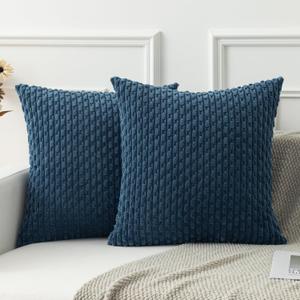 Kevin Textile Pack of 2 Blue Corduroy Decorative Throw Pillow Covers 24x24 Inch Soft Boho Striped Pillow Covers Modern Farmhouse Home Decor for Autumn Sofa Living Room Couch Bed