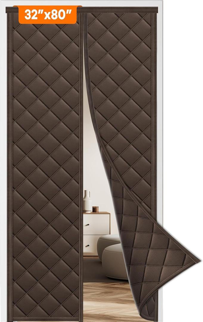 Magnetic Thermal Insulated Door Curtain, Fits Size 32" x 80", Durable Oxford Fabric, Door Insulation Cover to Keep Warm in Winter, Brown
