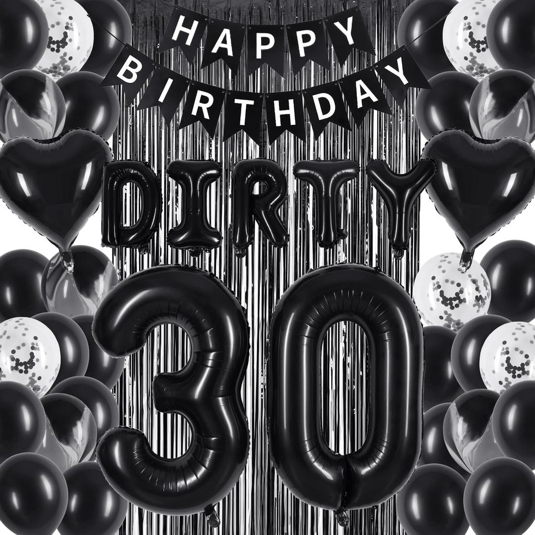 30th Birthday Decorations - Happy 30th Birthday Set with Banner, Black Foil Curtains, Dirty 30 Balloons, Black Cake Topper for Men