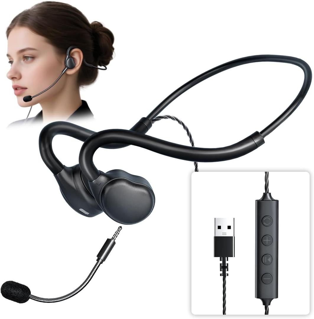Open Ear Headphones - USB Wired Headset with Microphone for PC, Comfortable Computer Headset with Noise Cancelling & Crystal Clear Calls for Call Center, MS Teams, Skype, Webinars and More