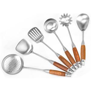 18/10 Stainless Steel Kitchen Utensils Set 6 Pcs Metal Cooking Utensil with Wood Handle, 15.5 Long Spatula, Soup spoon, Leaking shovel, Spaghetti Spoon Kitchen Tools Set (Wood handle - 6 Piece)