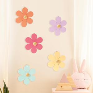 Whaline Daisy Flower Wood Wall Hooks Colorful Floral Decorative Wall Hanger Spring Coat Towel Hooks for Home Living Room Bedroom Bathroom Kitchen Decor, Set of 5