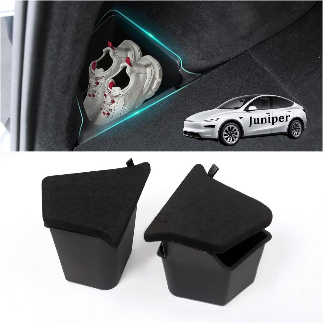 Trunk Storage Bins Trunk Organizer for 2025 2026 Tesla Model Y Juniper 5-Seater, 2PCS Large-Capacity Rear Side Storage Boxes with Carpeted Lid for Model Y Juniper Interior Accessories