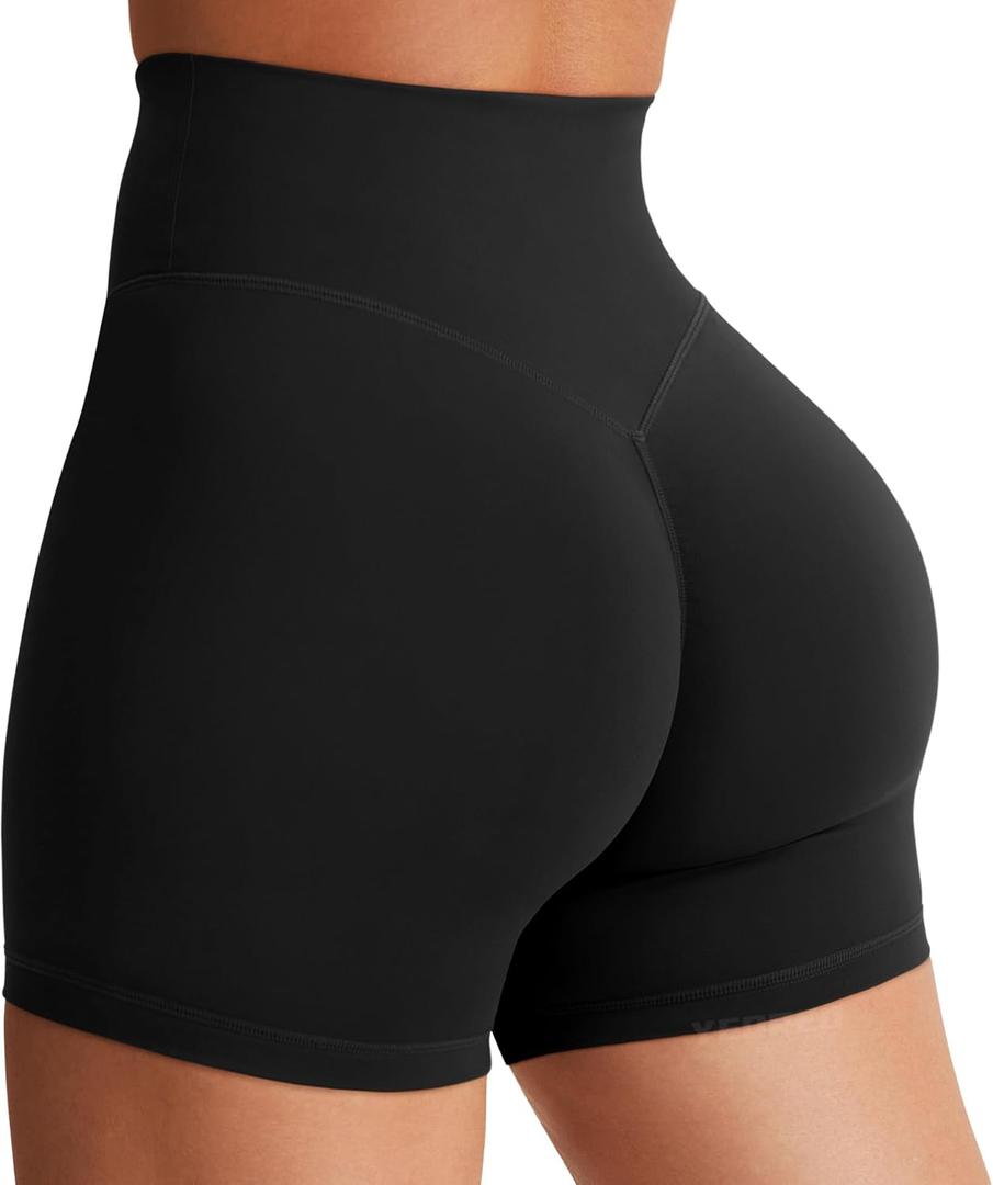 YEOREO Women's Biker Shorts 4.5" Workout Gym Shorts Craze High Waist Tummy Control Hidden Scrunch Running Yoga (Black, S)