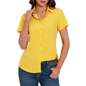 GUANYY Short Sleeve Shirts for Women Plus Size Button Down Blouses Dressy Casual Classic Fit V Neck Tops (Yellow, XXL)