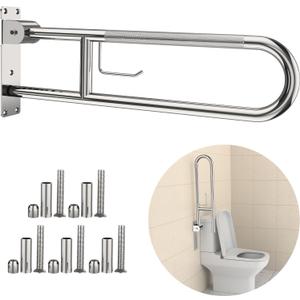Toilet Grab Bar 30.3 Inch, YuanDe Flip Up Grab Bar with Paper Holder, Polished Chrome Anti-Slip Safety Bars for Toilet, Stainless Steel Knurled Toilet Handles for Seniors, Disabled, Elderly, Pregnant