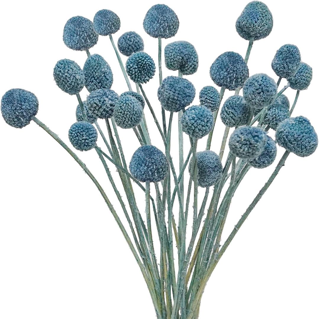 20Pcs Artificial Dried Flowers Blue Billy Balls Flowers Fake Craspedia Globosa Dried Billy Button Floral Boquet Arrangement for Boho Home Party Wedding Vase Decor