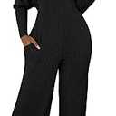 ECHOINE Womens V Neck Wide Leg Jumpsuits with Pockets Ribbed Long Sleeve Coat Pants 2 Piece Sets Outfits L