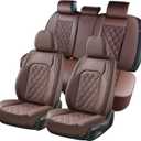Coverado Car Seat Covers Full Set, Luxury Faux Leather Waterproof Seat Cover, Front and Back Car Seat Protector, Universal 5 Seat Leather Seat Cushion, Carseat Cover Fit Most Cars, Coffee