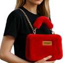 FHQHTH Fluffy Faux Fur Crossbody Bag for Women  Cute Small Purse with Chain Strap, Plush Evening Handbag & Makeup Bag (Red)