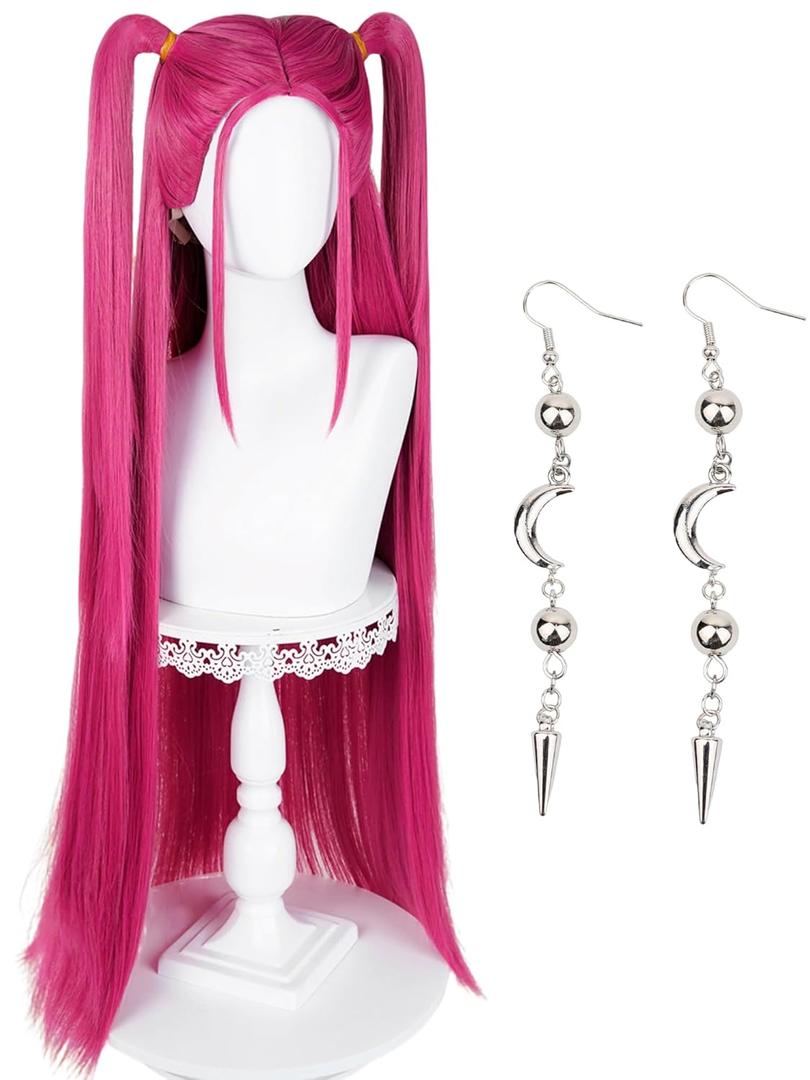 Rose Red Pink Ponytail Wig + Earrings 35.4'' Long Straight Pink Red Anime Twin Tails Wig for Women Halloween Party Costumes Daily