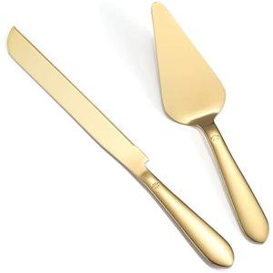 Cake Cutting Set for Wedding, Elegant Cake Knife and Server Set with Thickened Stainless Steel Rounded Edges, Cake Cutter Pie Spatula for Birthday Anniversary Christmas, 2 Pcs, Gold