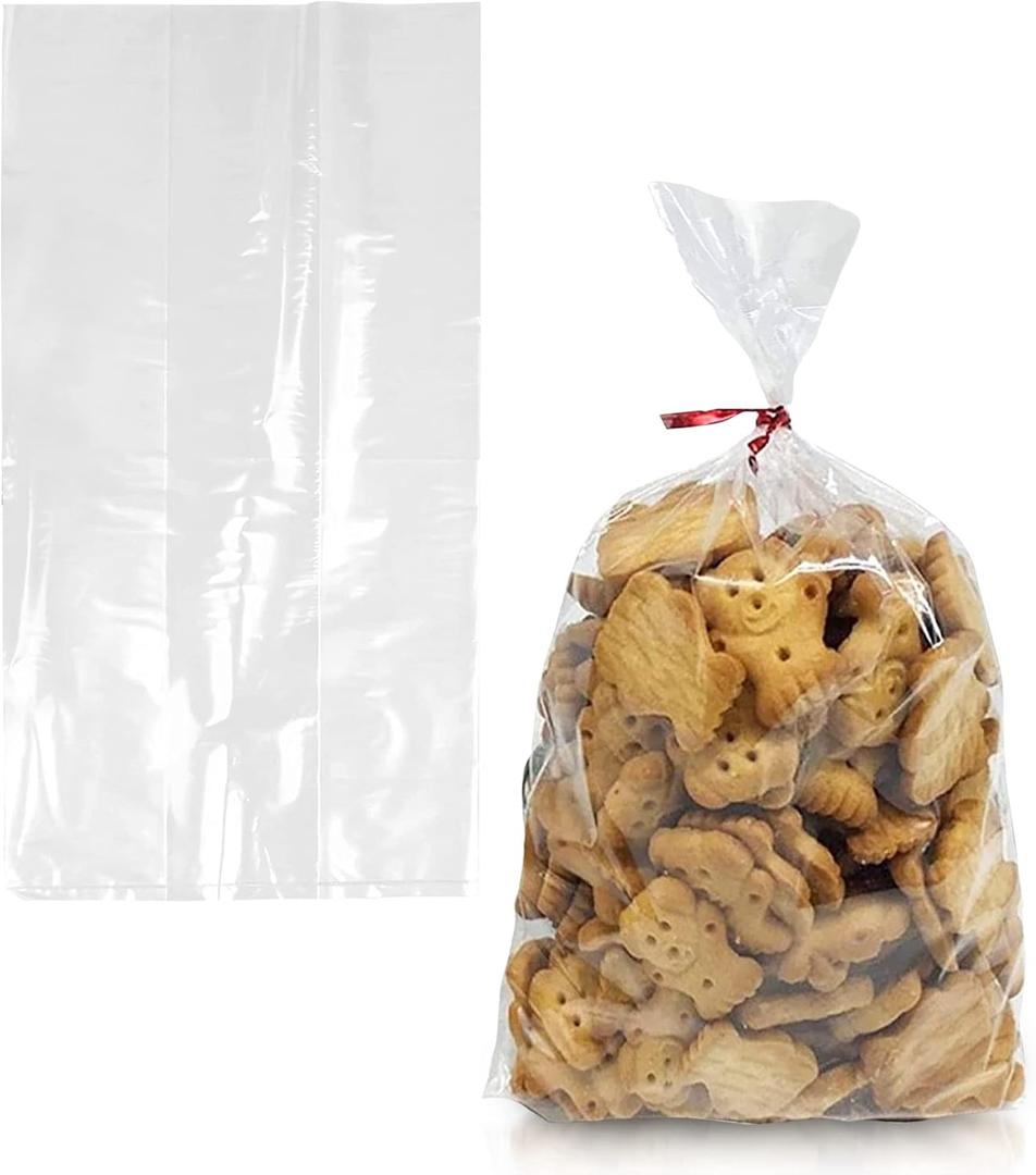 APQ Clear Gusseted Poly Bags, 6 x 3 x 12 Inches. Pack of 100 Waterproof Side Gusseted Plastic Bags with Open Top. 2 Mil Thick Flat Bottom Clear Bag for Packaging Popcorn, Cookies, Bread