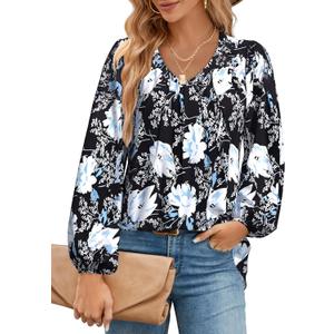 Womens Long Sleeve Shirts Plus Size Tops V Neck Tunic Tops Blouse Dressy Causal T-Shirts Pleated Shirts (Black, S)