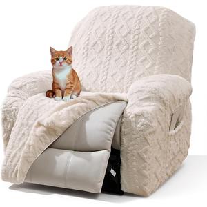 Vctops 4 Pieces Recliner Chair Covers, Geometric Jacquard Plush Recliner Slipcovers Soft Fuzzy Sofa Couch Cover Anti-Slip Furniture Protector with Elastic Bottom for Kids Cats Dogs (Cream,1 Seat) 32.7"D x 30.7"W x 41.3"H