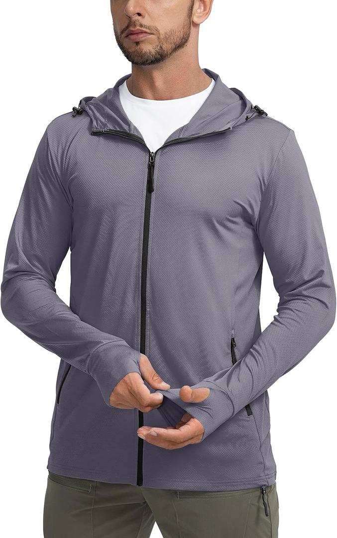 Men's UPF 50+ Light Jacket Full Zip Sun Protection Hoodie Long Sleeve Sun Shirts for Men Hiking Fishing Zip Pockets (Large, Dark Grey)