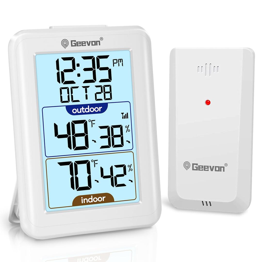 Geevon Digital Hygrometer Indoor Outdoor Thermometer Wireless With Clock, Backlight Temperature Gauge Humidity Monitor, Inside Outside Thermometer With 200ft/60m Range Remote Sensor, White (238688 Small)