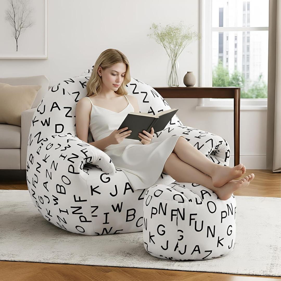 DAICO Bean Bag Chairs for Adults Comfy Bean Bag Chair with Ottoman Plush BeanBag Sofa with Armrests Accent Chair Lazy Single Sofas with Foam for Bedroom Living Room Reading Gaming- Letter Pattern, Bean bag chair with footstool