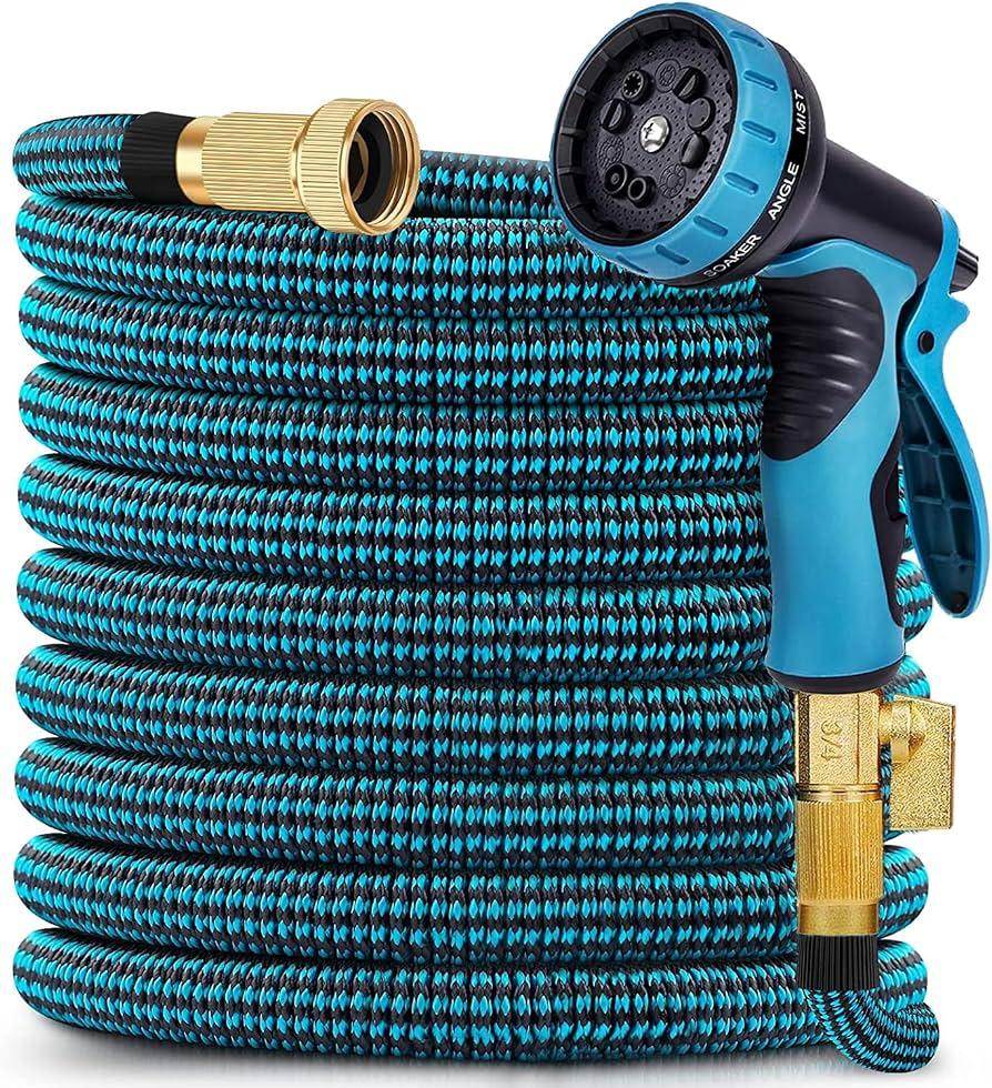 100 ft Expandable Garden Hose - Kink Free Flexible Water Hose 100ft with 10 Pattern Spray Nozzle, 3/4 Solid Brass Connectors, Retractable Latex Core - Lightweight Expanding Hose