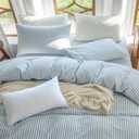 Striped Duvet Cover Set Full Size 3 Pcs 100% Washed Cotton Linen Like Textured Natural Wrinkle Comfy Breathable (Full, Classic Stripe-Light Blue/White)