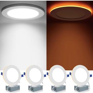 Meconard 4 Pack 6 Inch 5CCT LED Canless Recessed Lighting with Night Light, 2700K/3000K/3500K/4000K/5000K Selectable Ultra-Thin LED Ceiling Lights, 12W=110W, 1050LM, Dimmable Wafer Downlight ETL&FCC