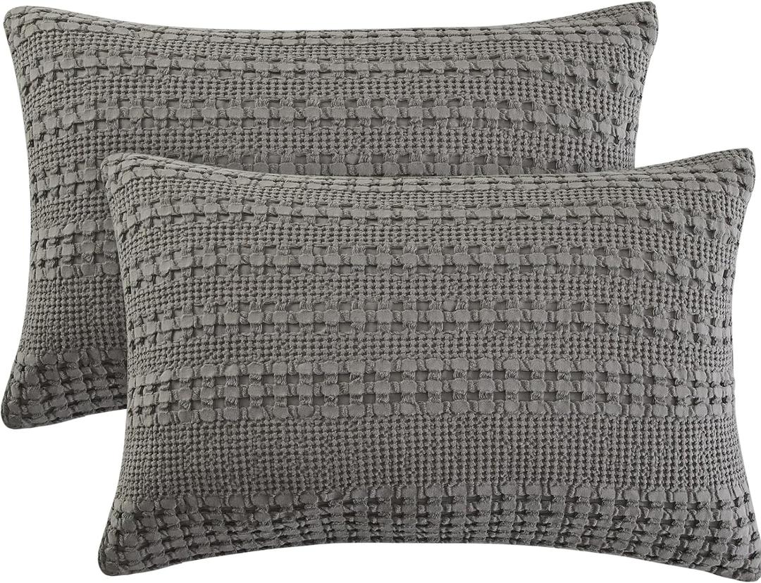 PHF 100% Cotton Waffle Pillow Shams Queen Size, 2 Pack 20" x 30" Soft Skin-Friendly Pillowcases, No Filling, Aesthetic Woven and Breathable Waffle Weave Pillow Case Covers for Bed, Dark Grey