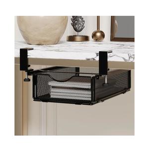 Under-Desk Drawer Slide Out Clamp-On-Desk Shelf for Office Supplies and Books Storage Metal Attachable Table Drawer Fit for Table Thickness 0.47-2.36in (Black, Normal