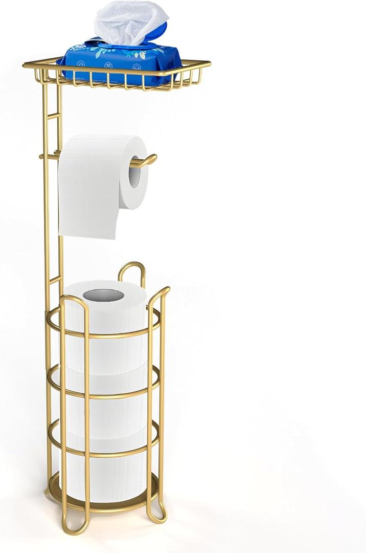 Gold Toilet Paper Holder Stand with Shelf, Freestanding Tissue Roll Holder, Holds 4 Mega Rolls and Extra Storage for Phone, Wipes