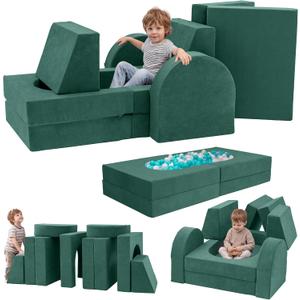 Fvkind Kids Modular Couch, 10-Piece Modular Play Sofa for Kids, Willow | Foam Play Couch Green, Removable and Washable Cover, Chenille Fabric, Great Furniture for Kids Playroom, 48.8 inches x 25.2 inches x 21.3 inches