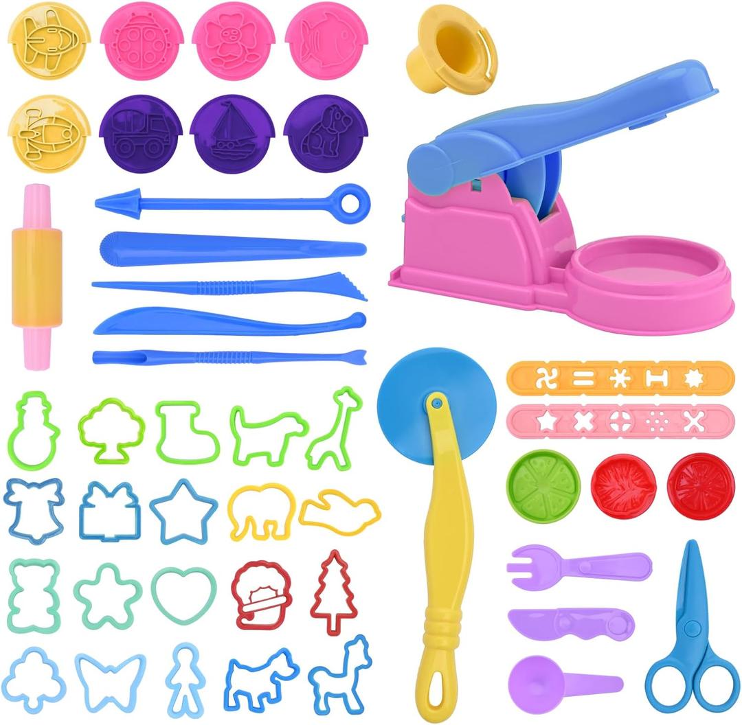 Dough Tools for Kids, 46Pcs Dough Toys Include Play Food Molds - Cupcakes, Ice Cream, Noodle, Play Bulk Pack with Roller, Cutters, Scissor, DoughMat and Storage Bag Gifts (Tools)