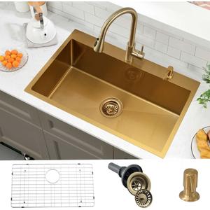 30 Inch Gold Kitchen Sink Drop In- Wesliv 30x18 Inch Kitchen Sink Drop in Sinks Stainless Steel Deep Single Bowl Gold Overmount Sink with Bottom Rinse Grid & Soap Dispenser, 30"x18"x9"
