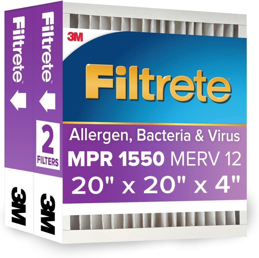 Filtrete 20x20x4 AC Furnace Air Filter, MPR 1550, MERV 12, Fits Honeywell, CERTIFIED Asthma & Allergy Friendly, Electrostatic Air Cleaning Filter, 2-Pack (Actual Size 19.88x19.88x4.31 in)