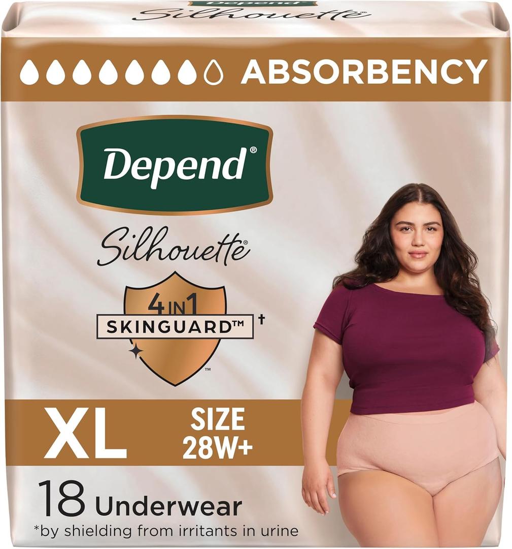 Depend Silhouette Adult Incontinence & Postpartum Bladder Leak Underwear for Women, Maximum Absorbency, Extra Large, Pink, 18 Count, Packaging May Vary