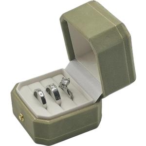 Velvet Ring Box - Octagon Engagement Ring Box with Hinged Lid for Proposal Engagement Wedding, Proposal Ring Case Jewelry Box with Gold Lace PRB003-Green