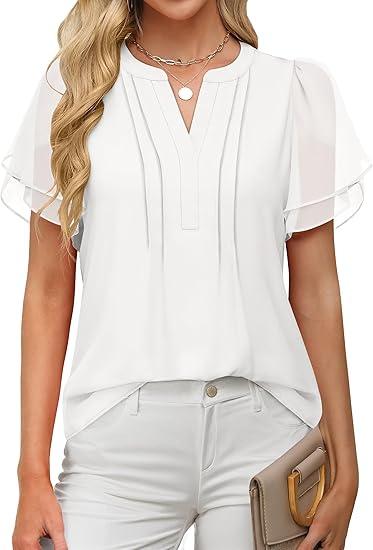 ANRABESS Womens Dressy Chiffon Blouses V Neck Petal Short Sleeve Shirts 2025 Summer Casual Business Office Work Tops, Size: M