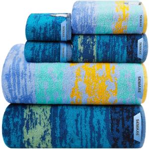 SEMAXE 6-Piece Colorful Bathroom Towel Set - 100% Cotton, 2 Bath Towels, 2 Hand Towels, 2 Washcloths, Lighter Weight, Ultra-Soft and Super Absorbent (Colorful - Starry Night)