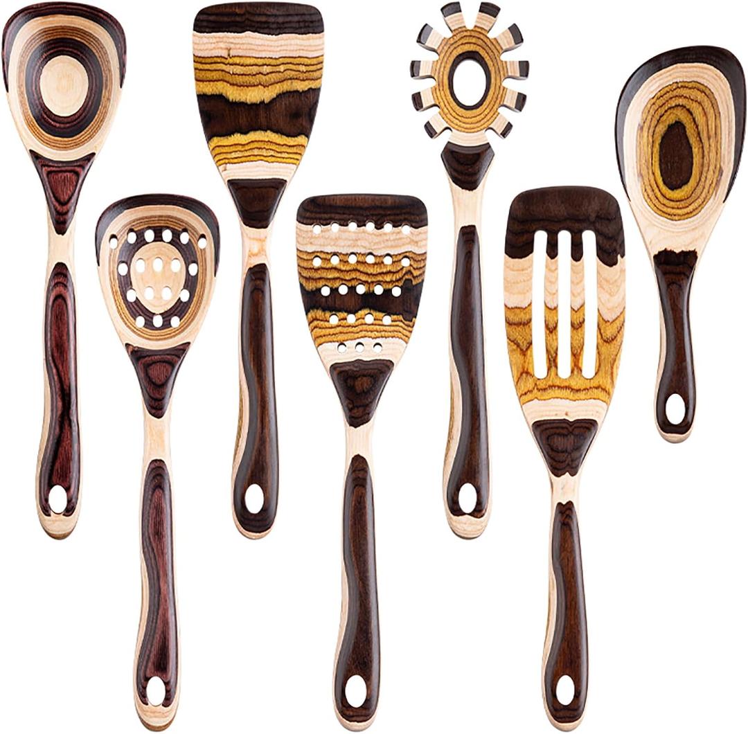 Gudamaye 7-Piece Brown Pakkawood Utensils Set  Sturdy, Eco-Friendly, Wooden Spoons for cooking, Wooden Utensil for cooking, Wooden Kitchen Tool, Home & Kitchen Gifts for Men and Women