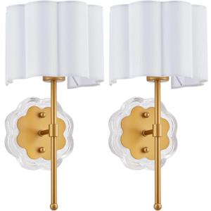 Modern Wall Sconce Set of 2, with Creamy-White Fabric Flower and Antique Brass Brush Paint Finish Shade for Vanity Stairway Fireplace Kitchen Living Room Bedside (Hardwire)