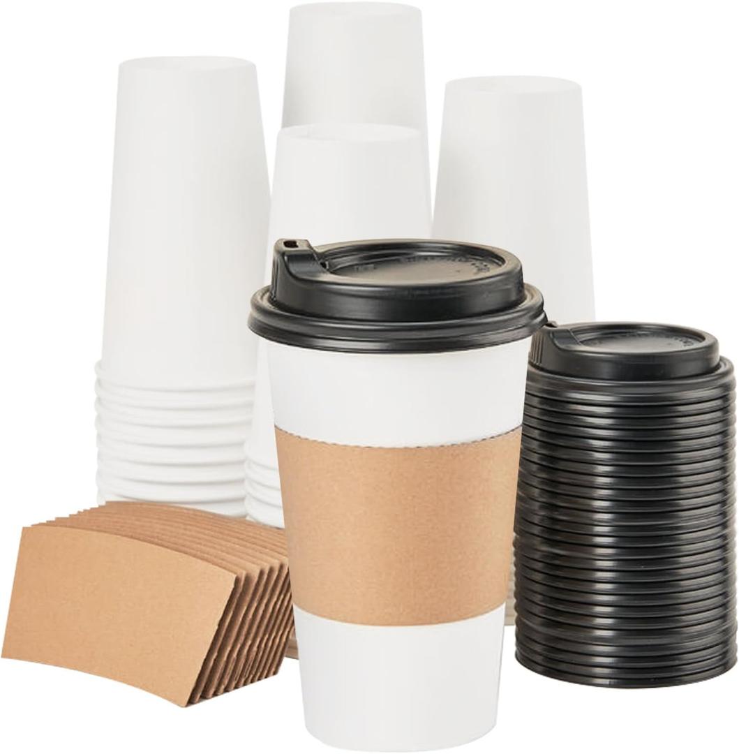 RACETOP 16 oz [100 pack] Coffee Cups with Lids and Kraft Sleeves, Disposable Paper Coffee Cups, Hot Coffee Cups, Ideal for Hot Beverage