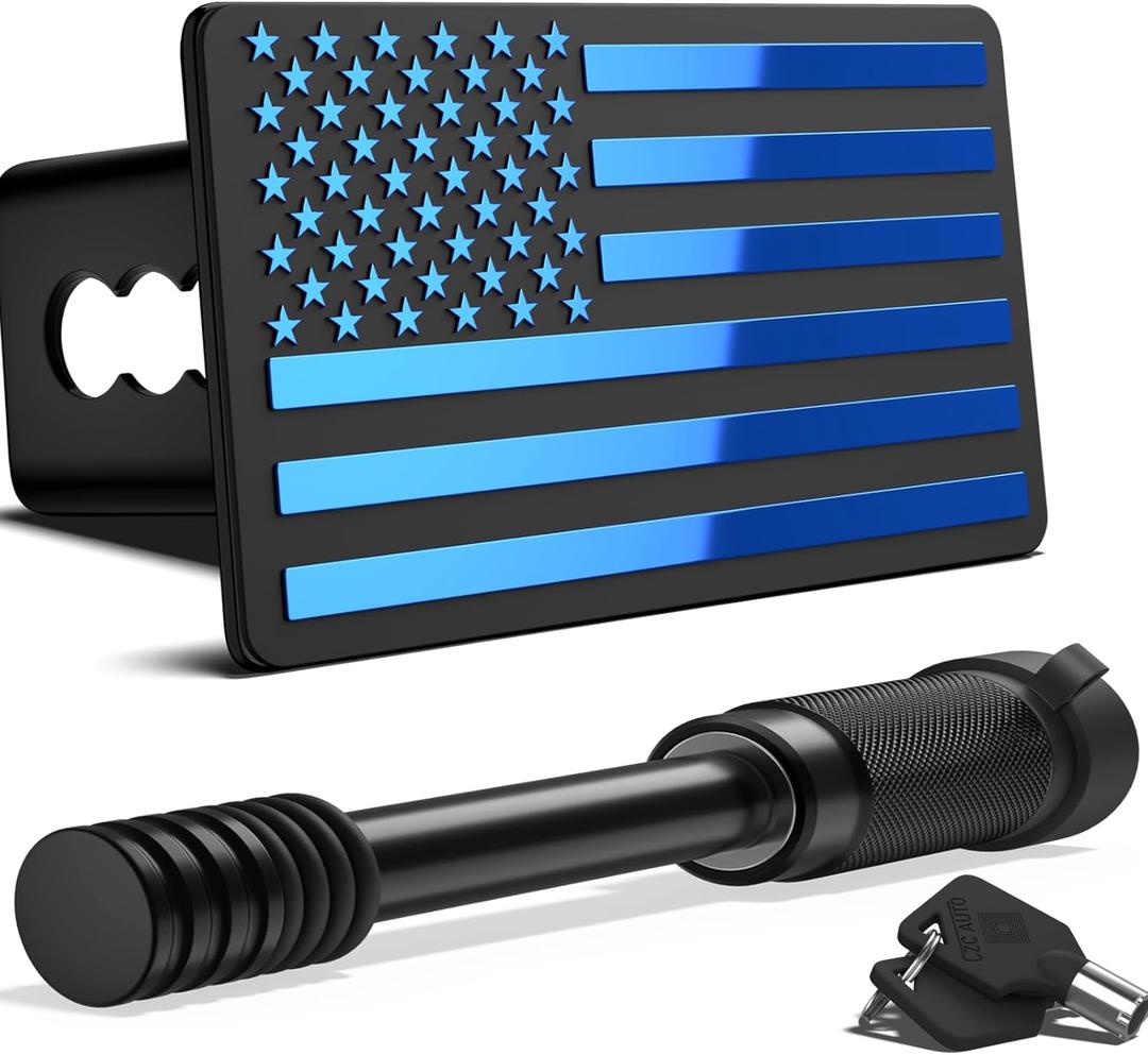 OGYE 2 Inch Trailer Hitch Cover with American Flag, Heavy Metal Trailer Hitch Cover Fit for 2 Inch Hitch Receivers (with 5/8" Pin Dia Anti-Theft Trailer Hitch Lock),3 * 5" Blue