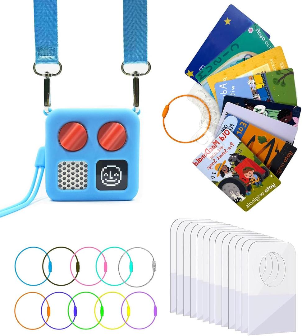 Silicone Case for Yoto Mini and Card Holder for Yoto Cards, Protective Silicone Adventure Jacket with Shoulder Strap, 200 PCS Tabs 10 Loops Kids Travel Carrier of Yoto Accessories, Sky Blue